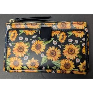 No Boundaries Sunflower Floral Wallet Black Yellow Snap Card Holder Bi-fold Zip